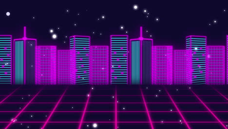 animación del paisaje urbano rosa y azul sobre una cuadrícula que se mueve en un bucle sin costuras