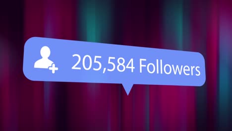 animation of social media people icon and increasing number of followers on blue, over blurred red