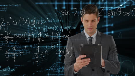 animation of data processing and mathematical equations over businessman using tablet