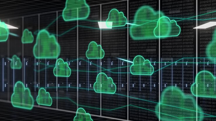 Animation of connections with cloud icons over computer servers