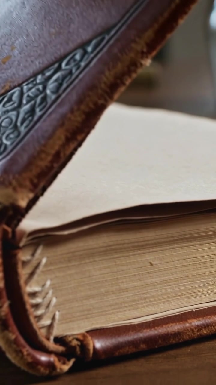 Video verticale: Apertura di un libro in pelle che rivela un inserto bianco su una scrivania; bottiglia scura a sinistra, ottone dietro.
