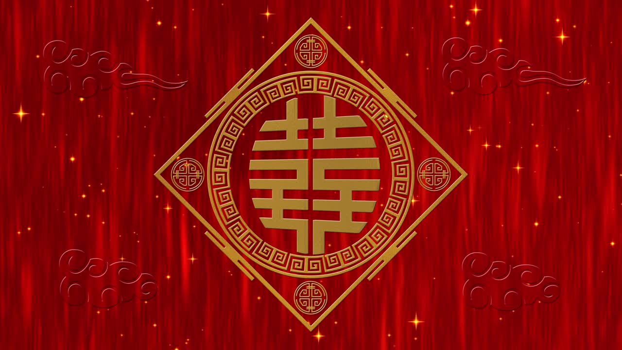 año nuevo lunar, fondo del festival de primavera con doble felicidad, símbolo, nubes, estrellas relucientes. telón de fondo de papel rojo del año nuevo chino para el evento. animación de renderización 3d. bucle sin costuras 4k video