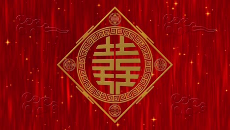 lunar new year, spring festival background with double happiness, simbol, clouds, glittering stars. chinese new year red paper backdrop for event. 3d rendering animation. seamless loop 4k video