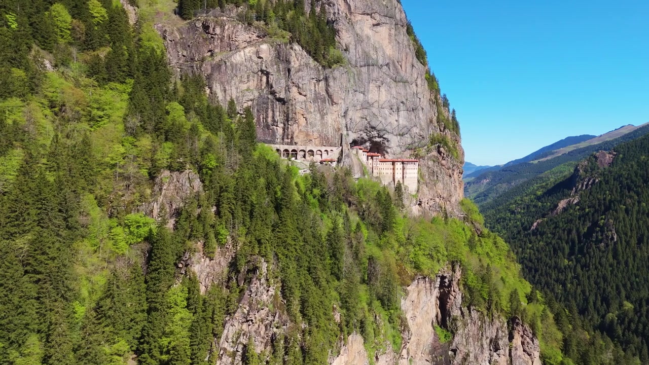 Sumela Monastery Turkey Ancient Cliff Architecture Mountain Forest Aerial Dolly In Establishing
