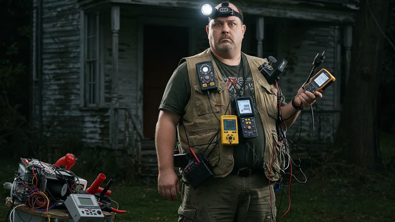 A determined technician equipped with various measurement tools stands confidently in front of an old building, showcasing his expertise in electrical testing and diagnostics