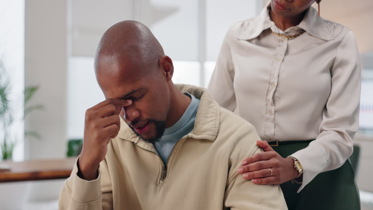 Woman comforting stressed man in the office