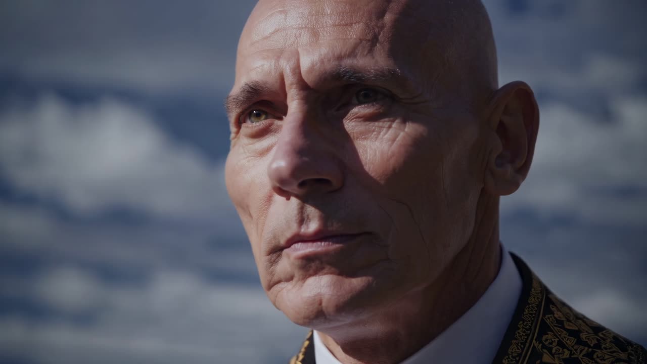 Senior priest with elegant religious habit looking away with a cloudy sky in the background, inspiring a sense of faith, spirituality, and contemplation