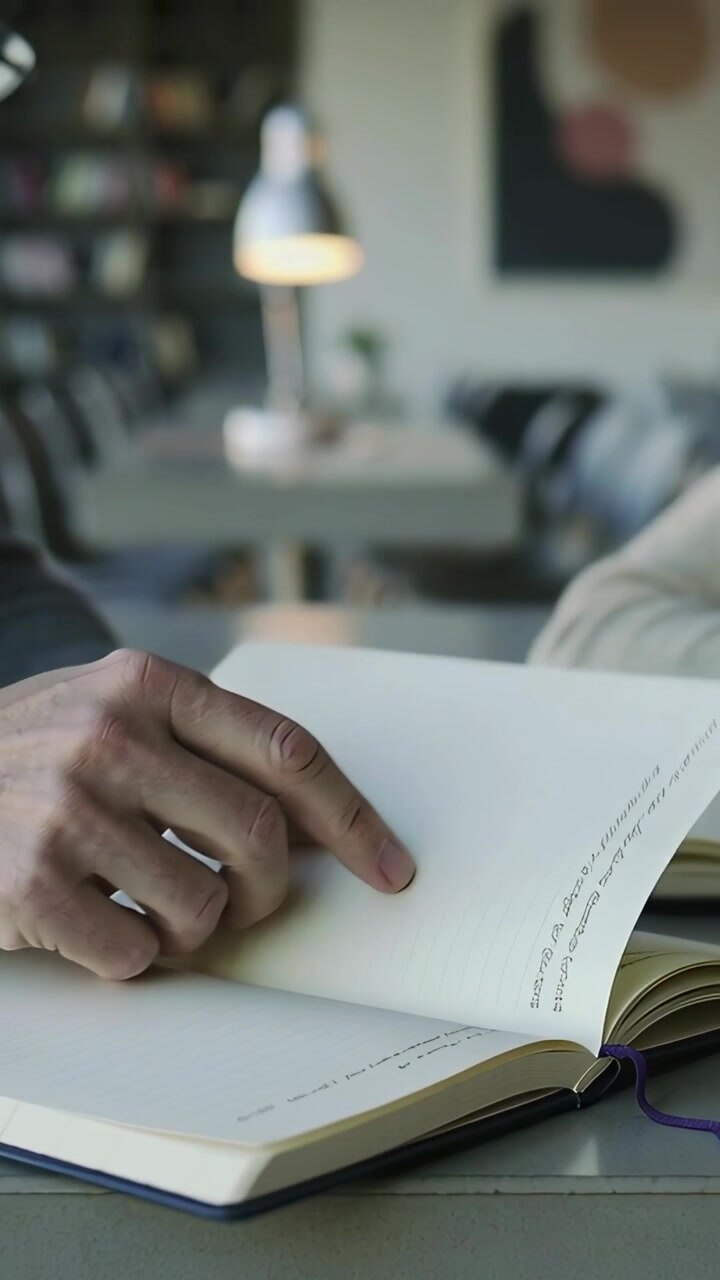 Vertical video: Sliding left adult's finger, turning pages at table, reviewing with purple ribbon