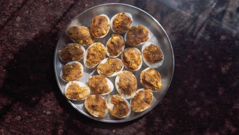 filling eggs stuffing boiled egg plate full of looking tasty top view spin deviled egg also known as stuffed eggs, russian eggs, or dressed eggs