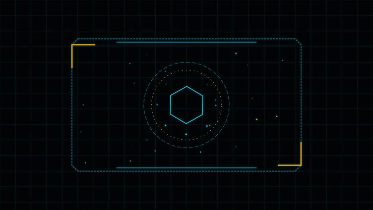 Futuristic Digital Hexagon Interface Overlay on Dark Grid Background