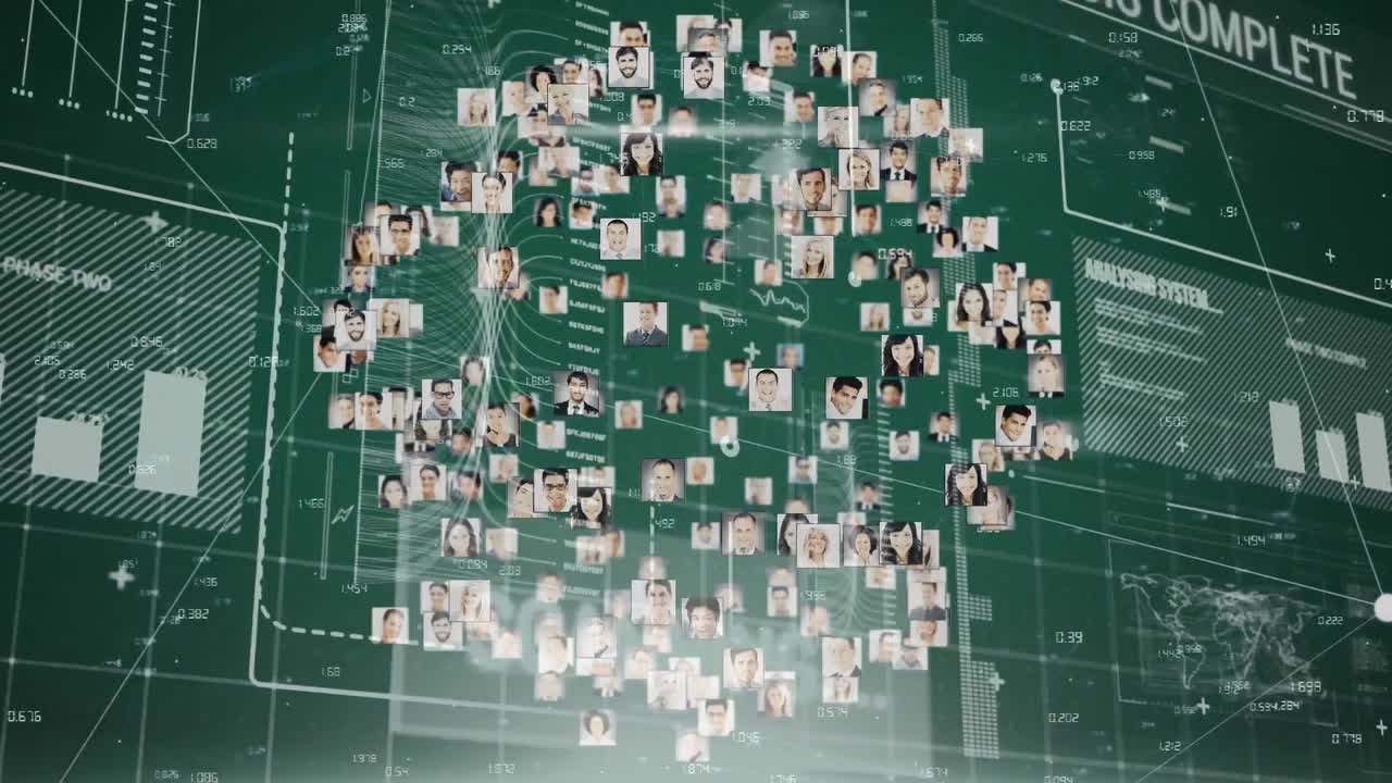 Animation of network of connections of multiple photos forming a globe