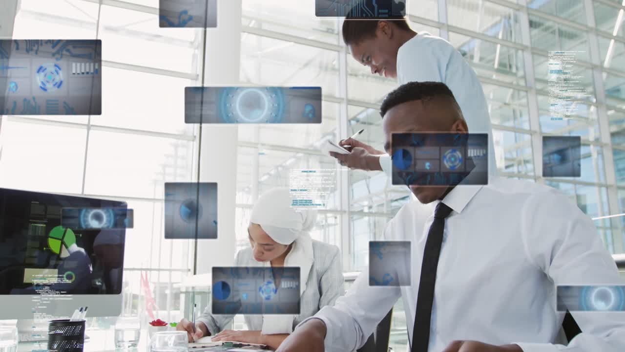 Animation of radars, pie charts over diverse coworkers analyzing reports on desktop in office