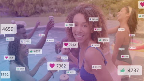 social media likes and comments animation over people enjoying pool party