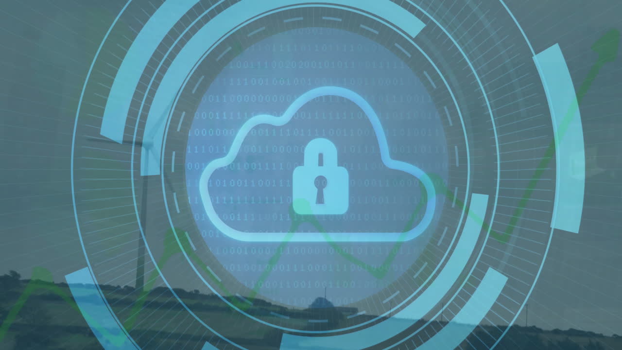 Animation of cloud and padlock with data processing over dark background