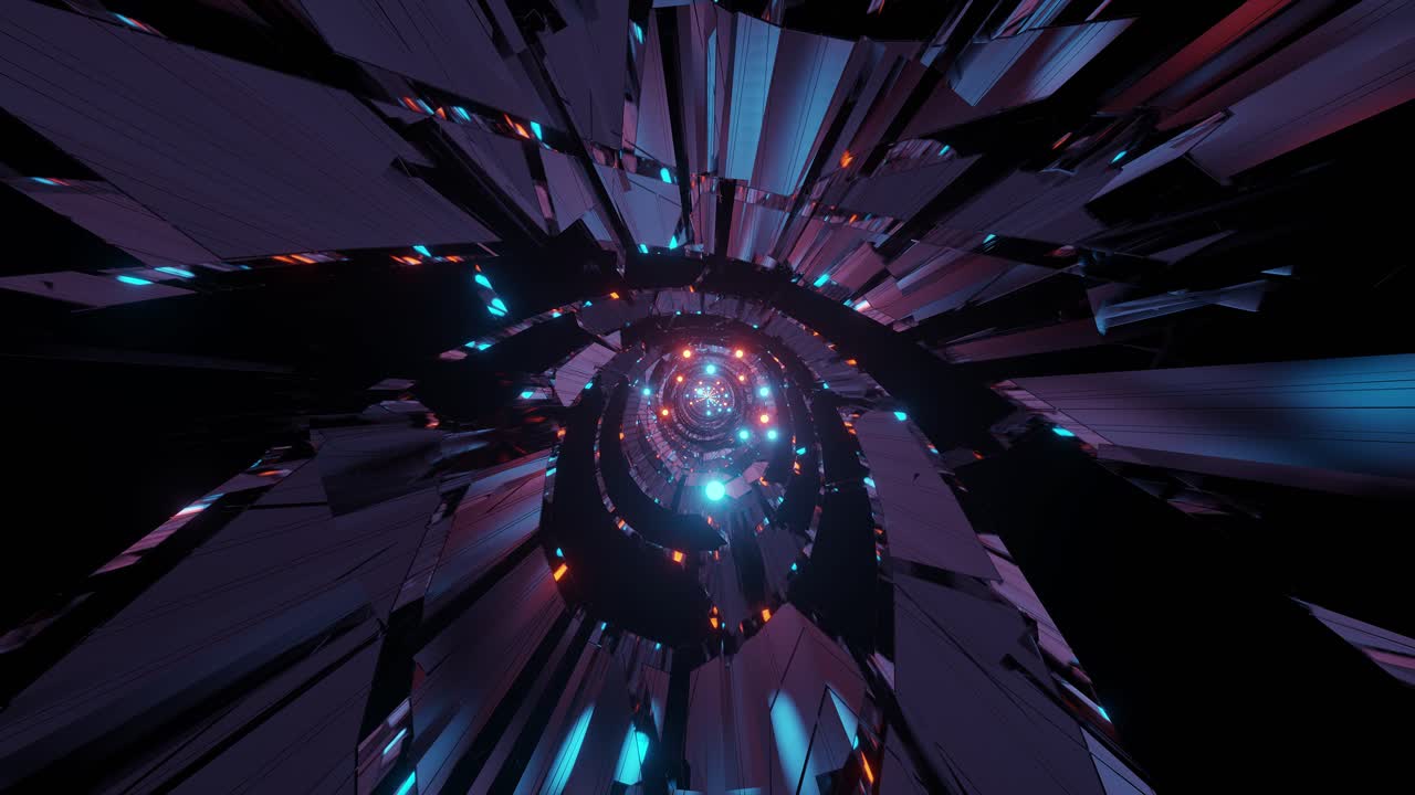 pequeñas esferas brillantes que se mueven y penetran a través del túnel giratorio en la galaxia