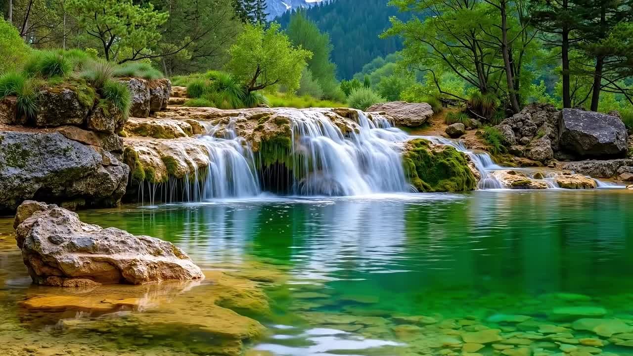 A small waterfall in the middle of a small pond surrounded by rocks