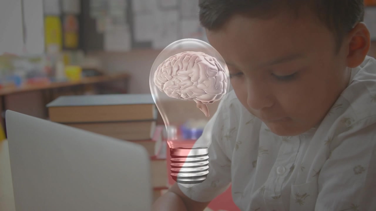 Student leaning toward rotating brain bulb appearing over laptop, preparing education input