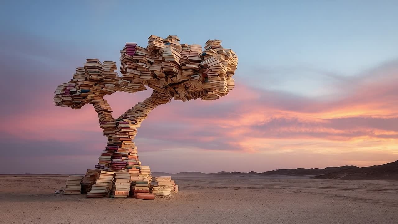 Scultura creativa a forma di albero fatta di libri in piedi in un paesaggio desertico
