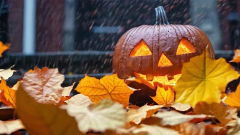 halloween pumpkin surrounded by autumn leaves