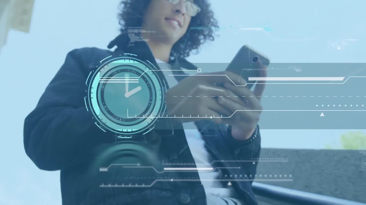 Animation of clock and data processing over midsection of biracial man using smartphone