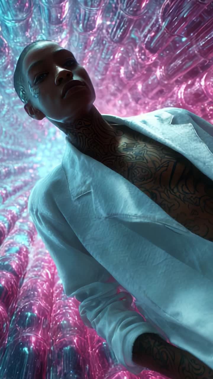 Una figura futuristica si erge con sicurezza in un tunnel vibrante e luminoso di tubi traslucidi, mettendo in mostra tatuaggi unici e un sorprendente cappotto bianco, incarnando una presenza ultraterrena
