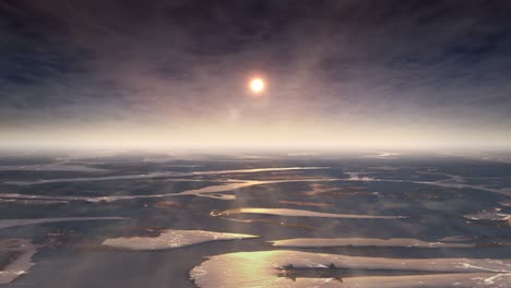 reverse vj loop flying above winding rivers and cloud landscape with dark sun