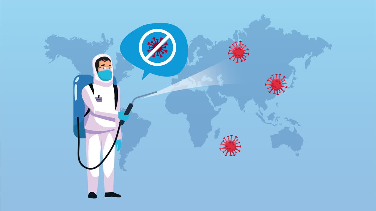 trabajador de bioseguridad con limpiador de pulverización covid-19 desinfectado