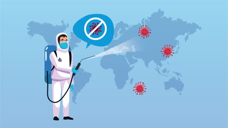 trabajador de bioseguridad con limpiador de pulverización covid-19 desinfectado