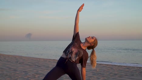 yoga instructor doing warrior pose on a beach, during sunset with waves flowing in the background