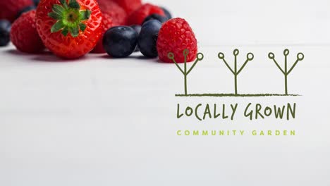 animation of locally grown text in green over fresh organic berries on white background
