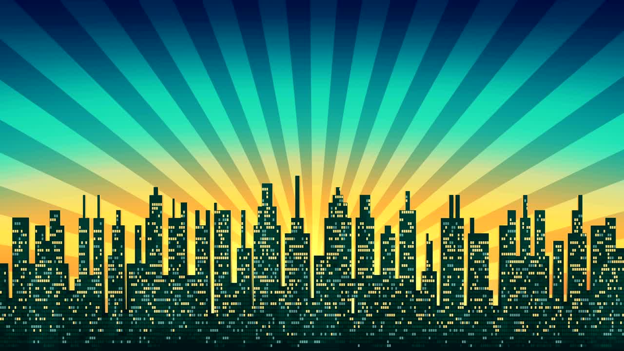 빛나는 하늘의 배경에 조명 된 창문과 함께 도시 스카이 라인 실루, 원활한 루프, 알파 매트