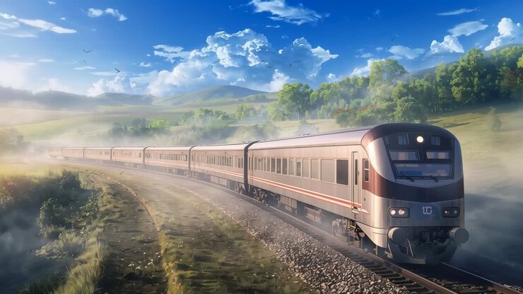 Approaching long passenger train moving along rural curving track toward camera, revealing coupling