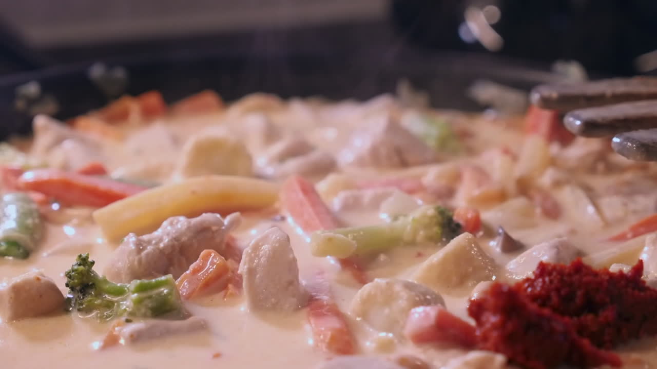 커리 페이스트는 크림 치킨에 첨가되며, 채소는 증기 비에 넣습니다.