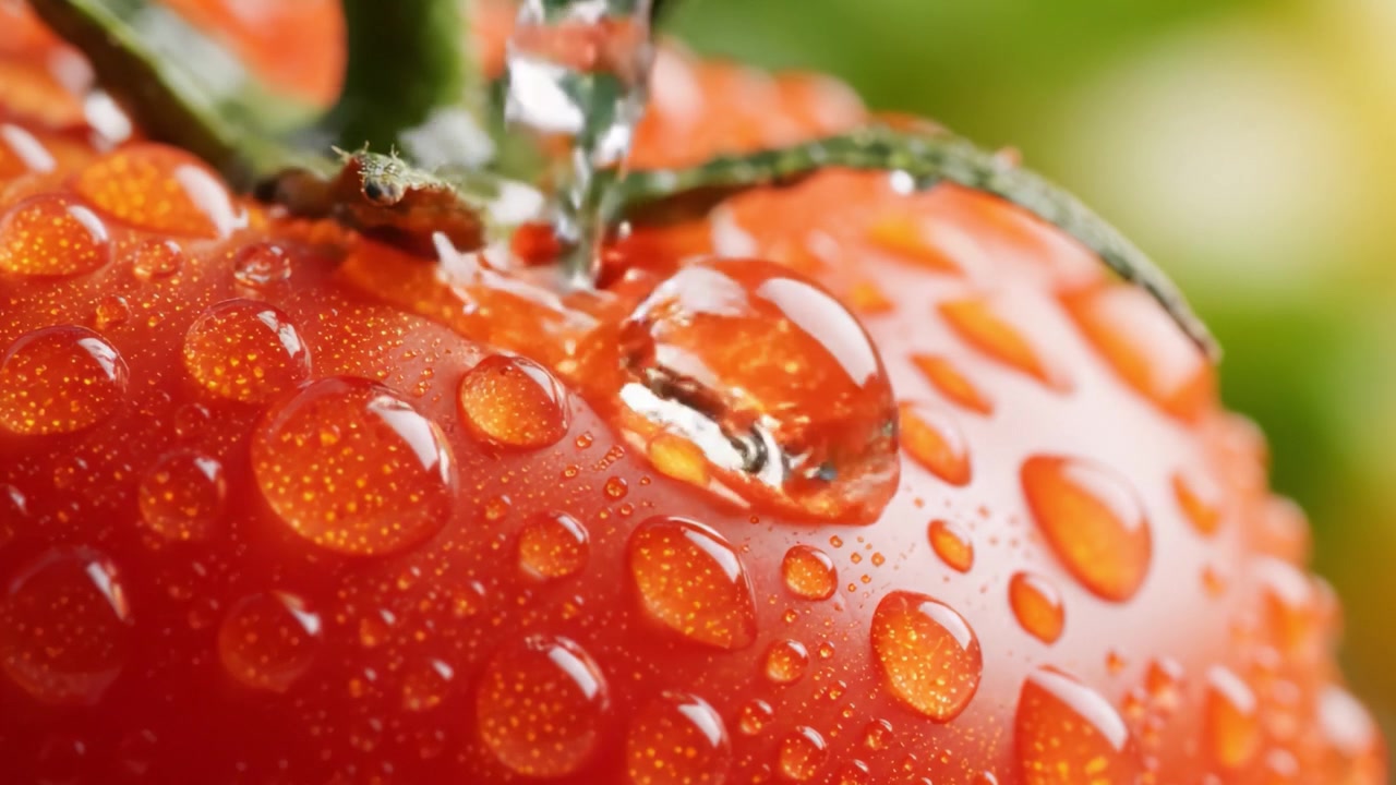 Primo piano di un pomodoro fresco e succoso che luccica con gocce d'acqua, mettendo in mostra il suo vibrante colore rosso e la sua consistenza ricca e nutriente, circondato da una vegetazione lussureggiante sullo sfondo
