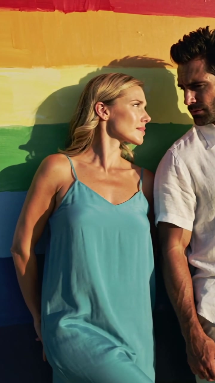 Vertical video: Entering man from right joining woman in teal dress at rainbow wall with shadows