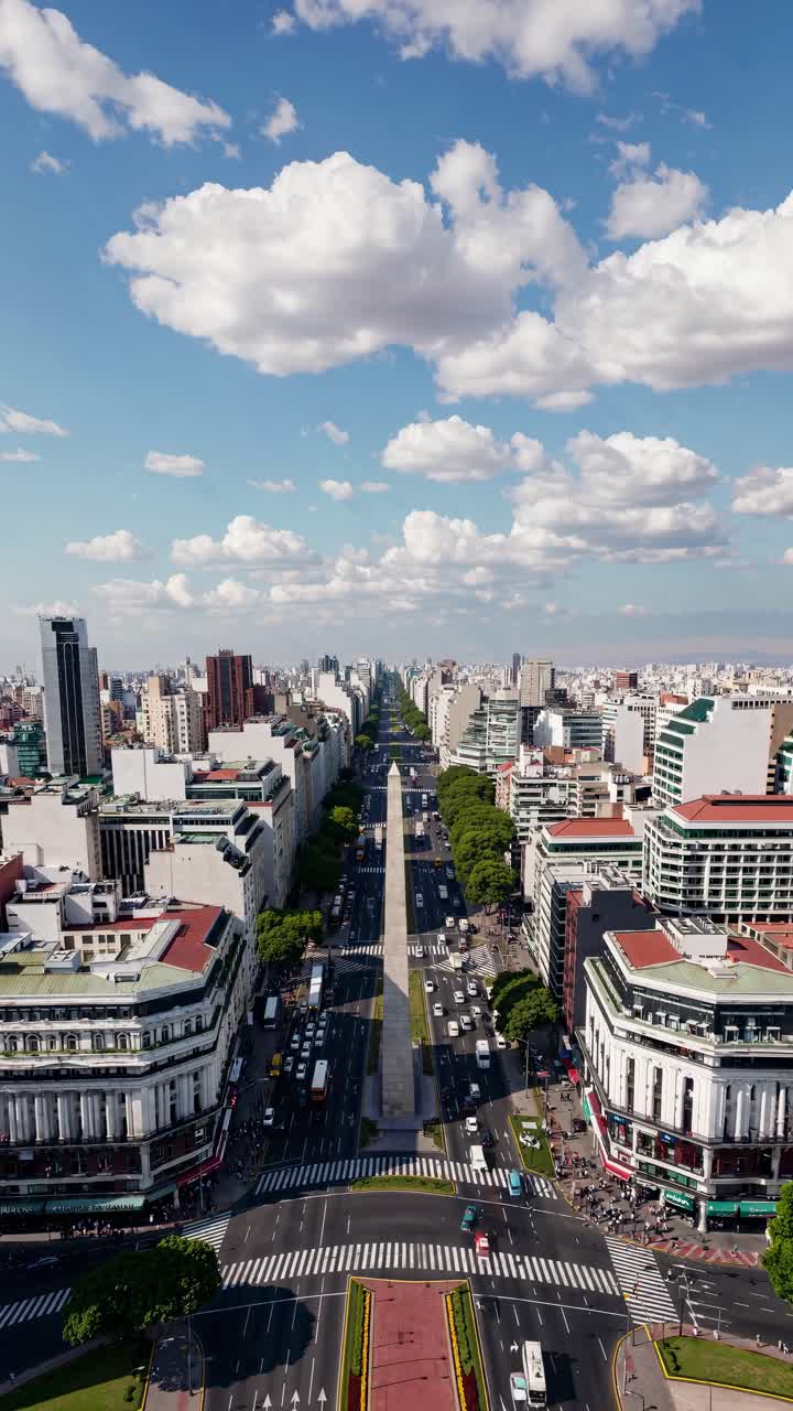 Aerial view video of a bustling cityscape with a wide avenue, showcasing urban architecture