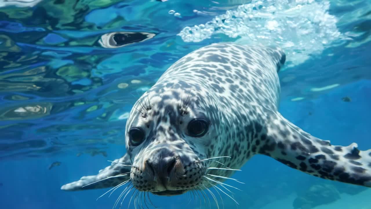Underwater video shot of a spotted seal swimming towards the camera, showcasing its playful nature