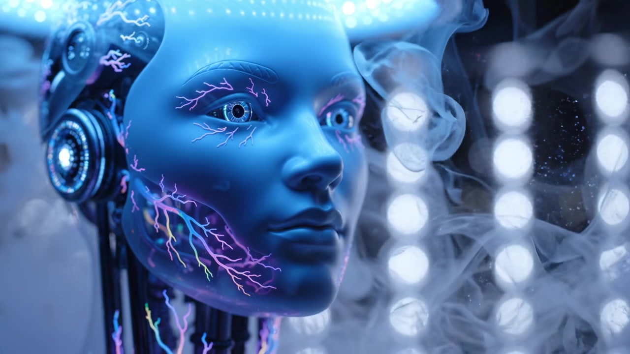 Un personaggio robotico futuristico con un volto luminoso circondato da luce e fumo, che rappresenta tecnologia avanzata e intelligenza artificiale nel design moderno.