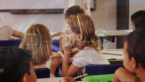 animation of data processing over diverse schoolchildren talking