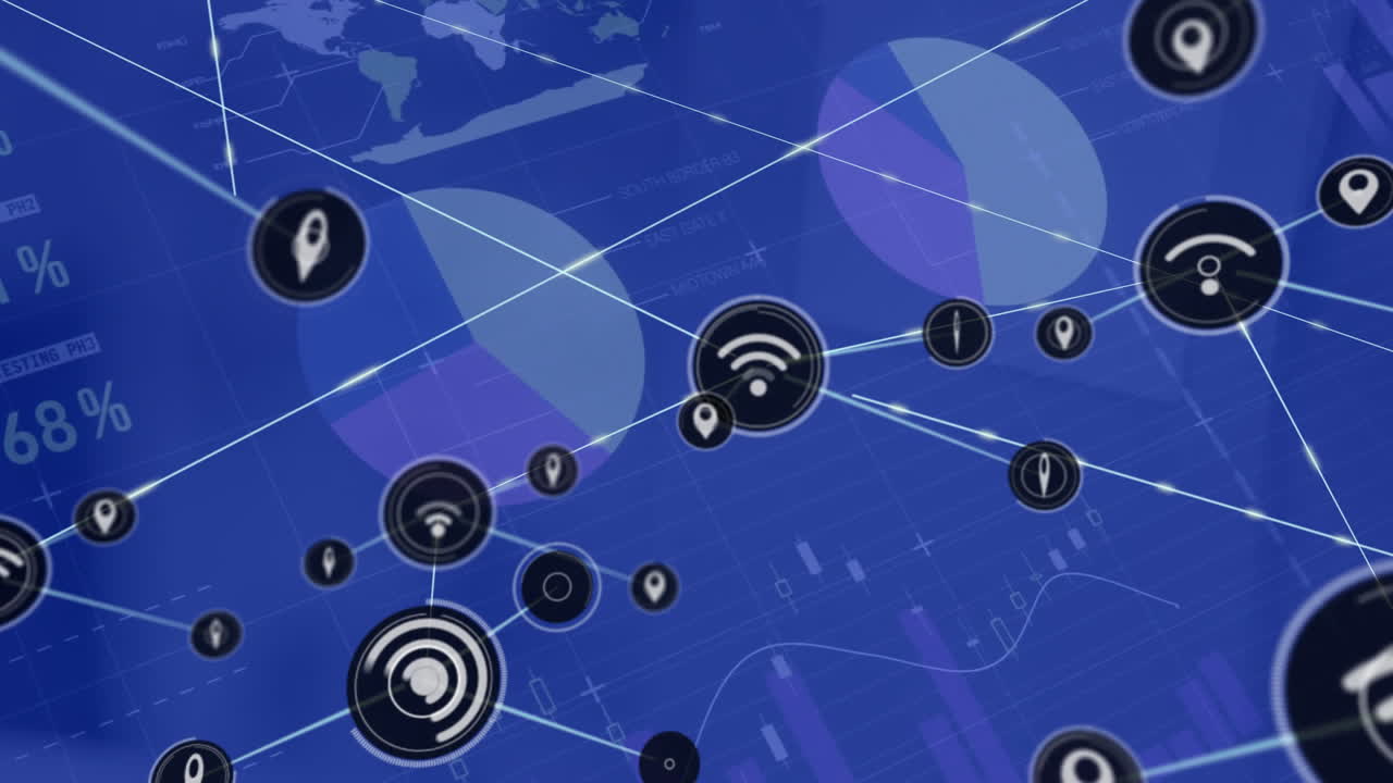 animación de la red de conexiones con iconos wifi sobre el procesamiento de datos financieros