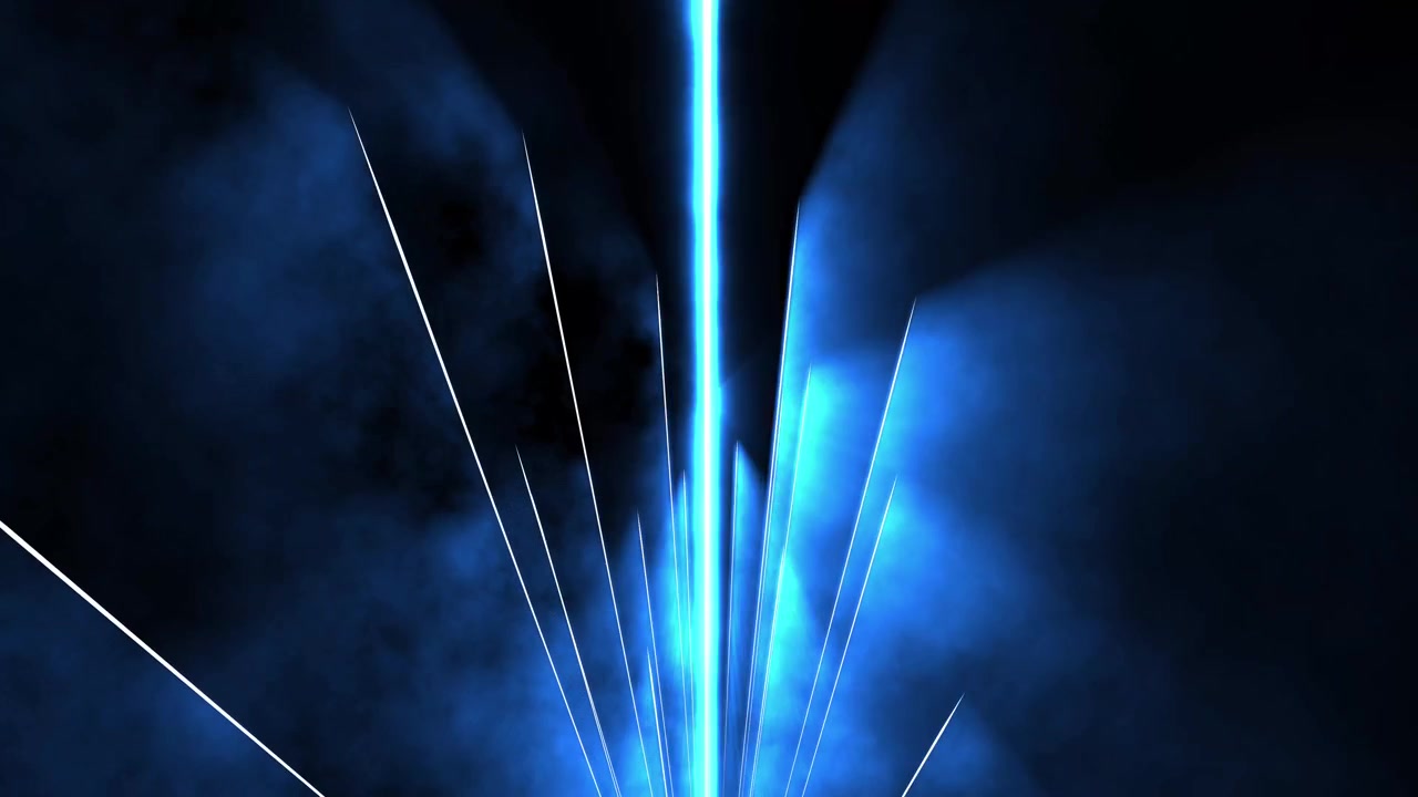 Raggi laser blu dinamici che si muovono attraverso il fumo