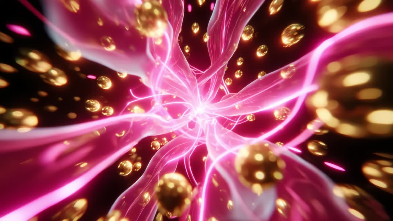 A mesmerizing journey through a vibrant, glowing vortex of swirling pink energy and shimmering golden spheres, depicting a dynamic interplay of colors and forms in an abstract digital landscape