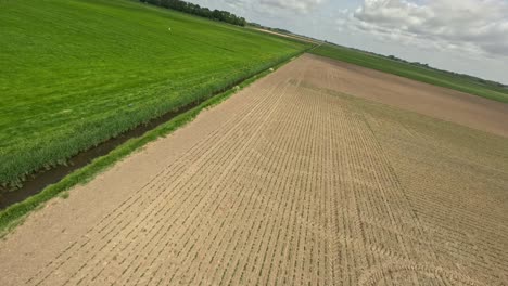 Drohne-Fliegt-An-Einem-Sommertag-über-Eine-Wasserstraße-Zwischen-Landwirtschaftlichen-Feldern