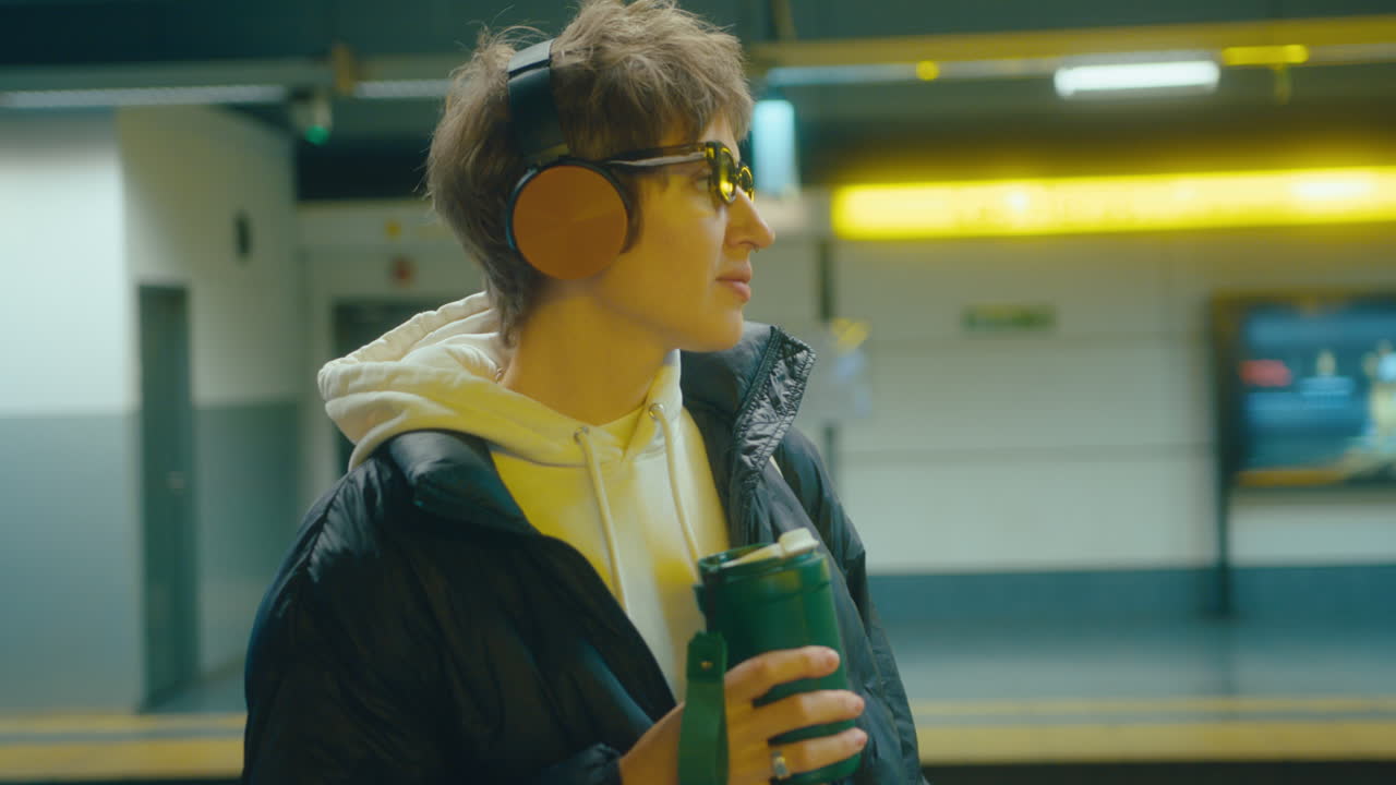 Girl in Headphones Drinking Coffee and Dancing on Underground Station