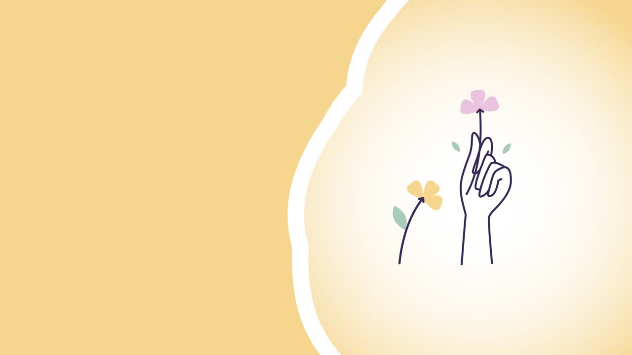 노란색 배경에 꽃을 가진 만화 손의 4k 비디오.