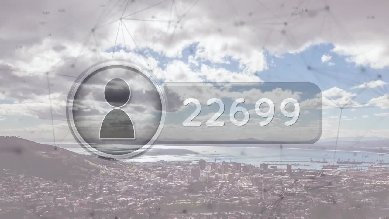 도시 풍경 위의 아이콘과 연결 네트워크의 애니메이션