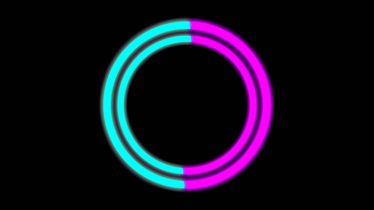 animación de círculo de luz de neón brillando y brillando con espacio de copia en fondo negro.4k iluminado y bucle sin costuras