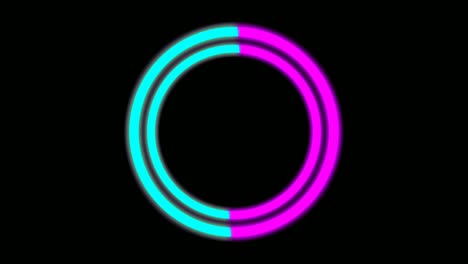 animación de círculo de luz de neón brillando y brillando con espacio de copia en fondo negro.4k iluminado y bucle sin costuras
