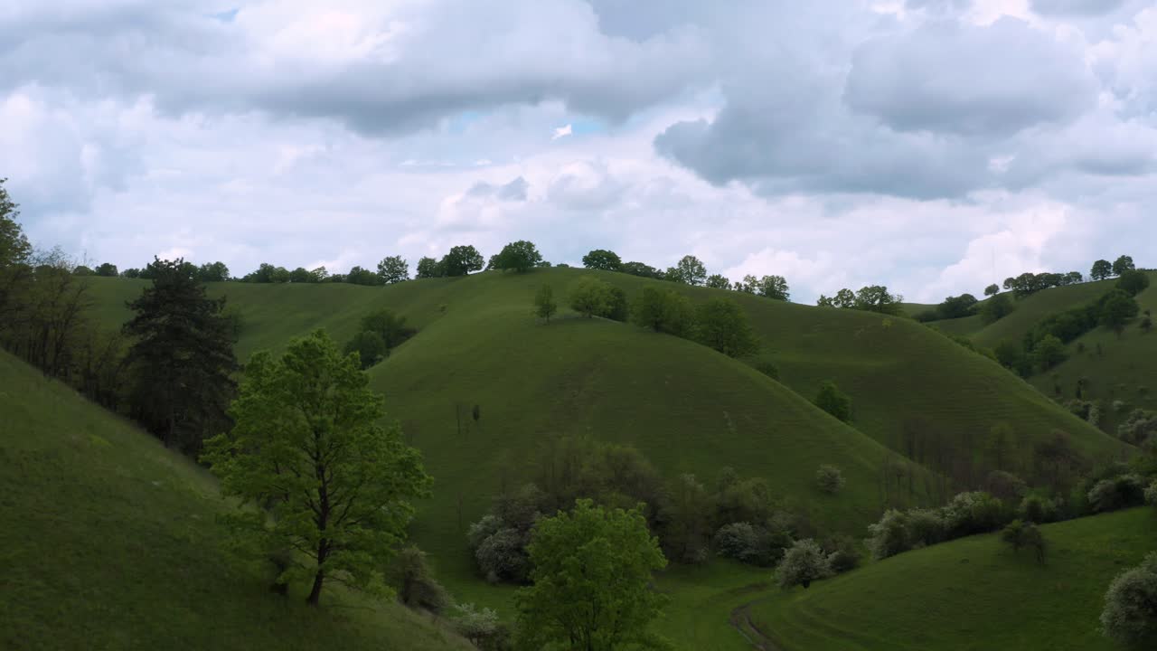 Elliptical Shaped Hills With Steppe Grassland Plains In Deliblato Sands In Serbia. ascending drone shot