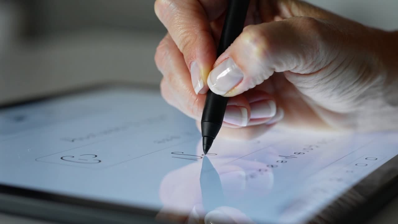 タブレット画面に短い縦線を描き、ハートを追加しているスタイラスを持った右手。